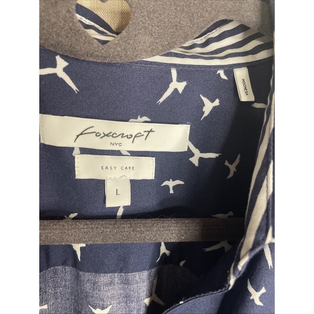 FOXCROFT NYC Easy Care - Size Large Button-up Top - Navy w/White Bird Pattern - Picture 2 of 5